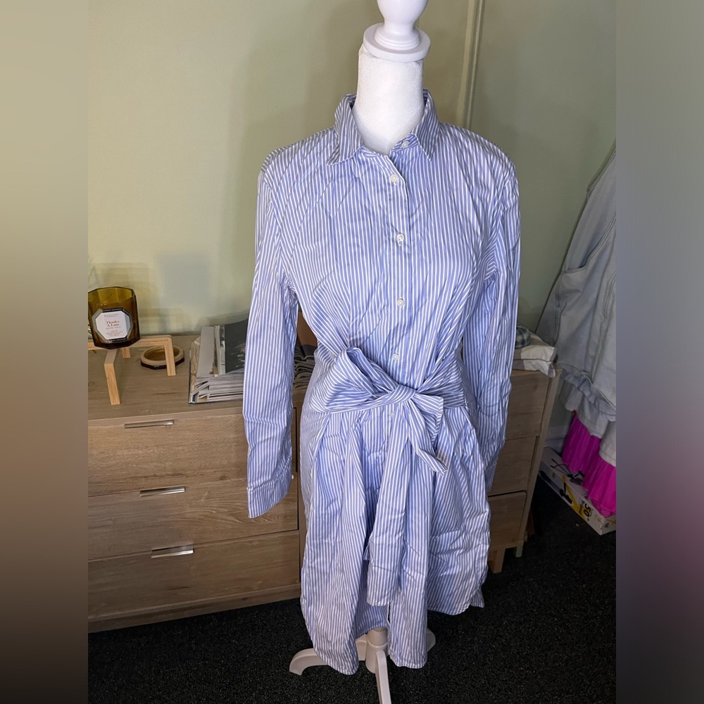 ANN TAYLOR Blue & White Seersucker Stripe Wrap Button Down Modest Midi Dress M - Picture 2 of 16